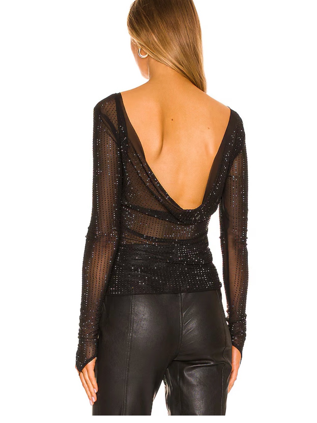 Sparkly Black Long Sleeve Sheer / Low-Back Mesh Top With Rhinestone Detail